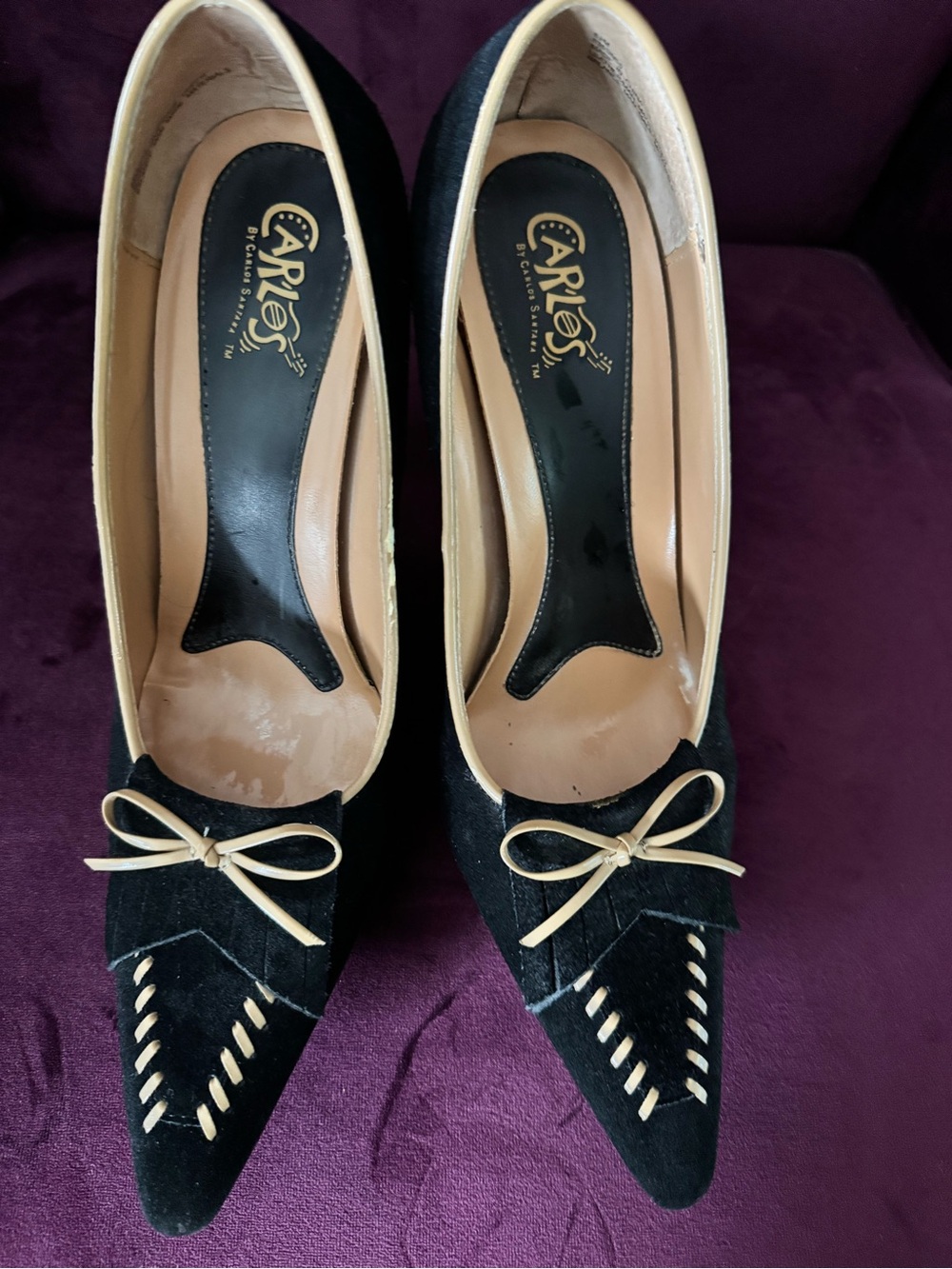 Carlos by Carlos Santana Black Suede Pointed Toe Pumps with Beige Trim
